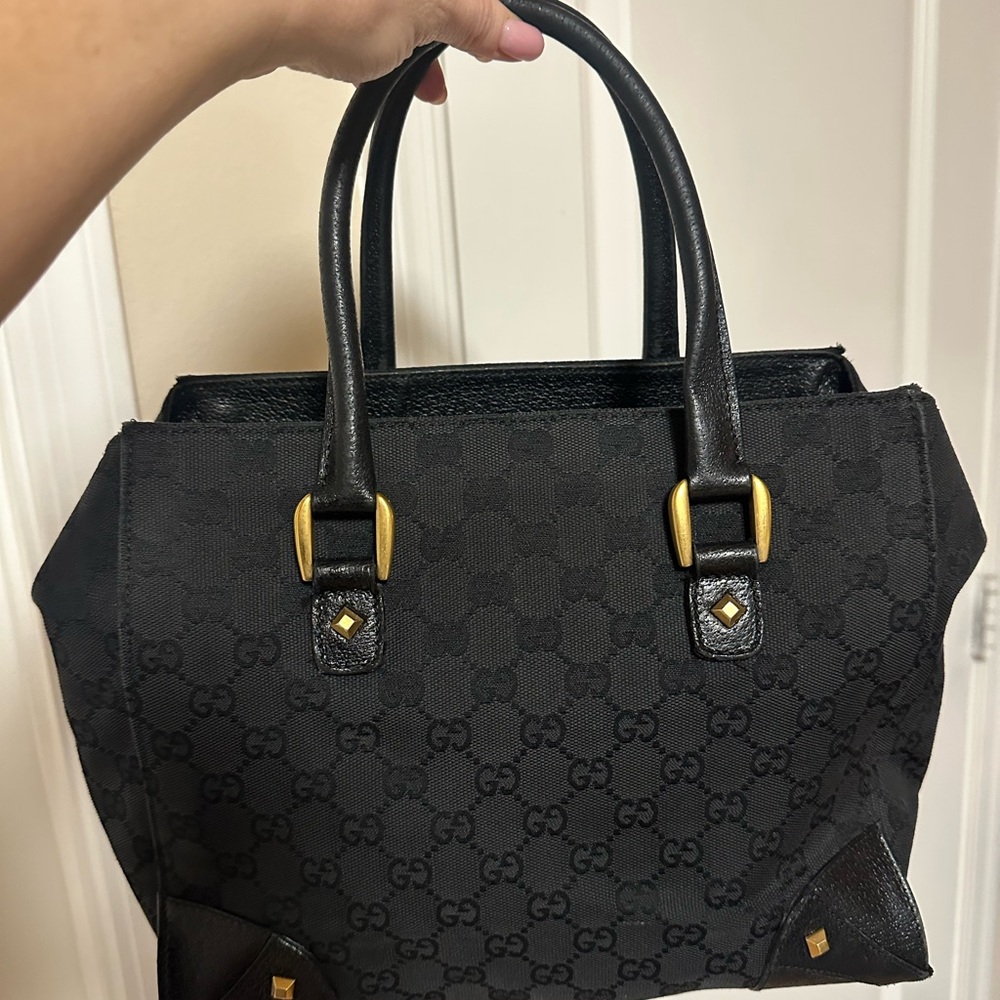 Gucci GG Canvas Tote Bag In Black Leather With Studs - Picture 4 of 16